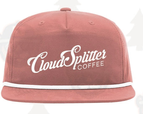CloudSplitter Coffee rose gold vintage rope hat with white embroidered script logo.
