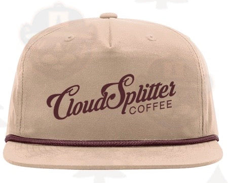 CloudSplitter Coffee tan 5-panel rope hat with maroon embroidered script logo.